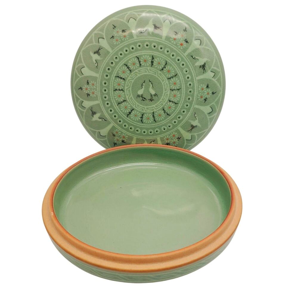 Korean Celadon Green Box Lid 7 1/2" Flying Cranes Flower Ceramic Crackle Glaze
